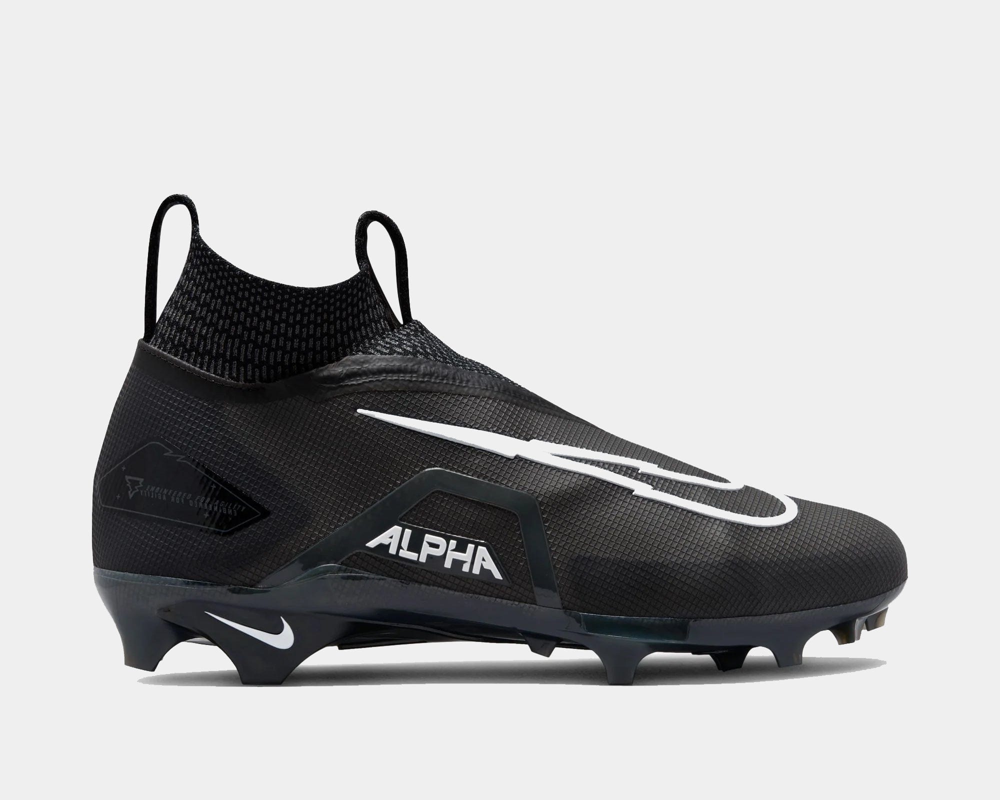 Nike Alpha Menace Elite 3 football cleats, predominantly black in color with white accents, featuring a high-top design and a pull tab on the collar.