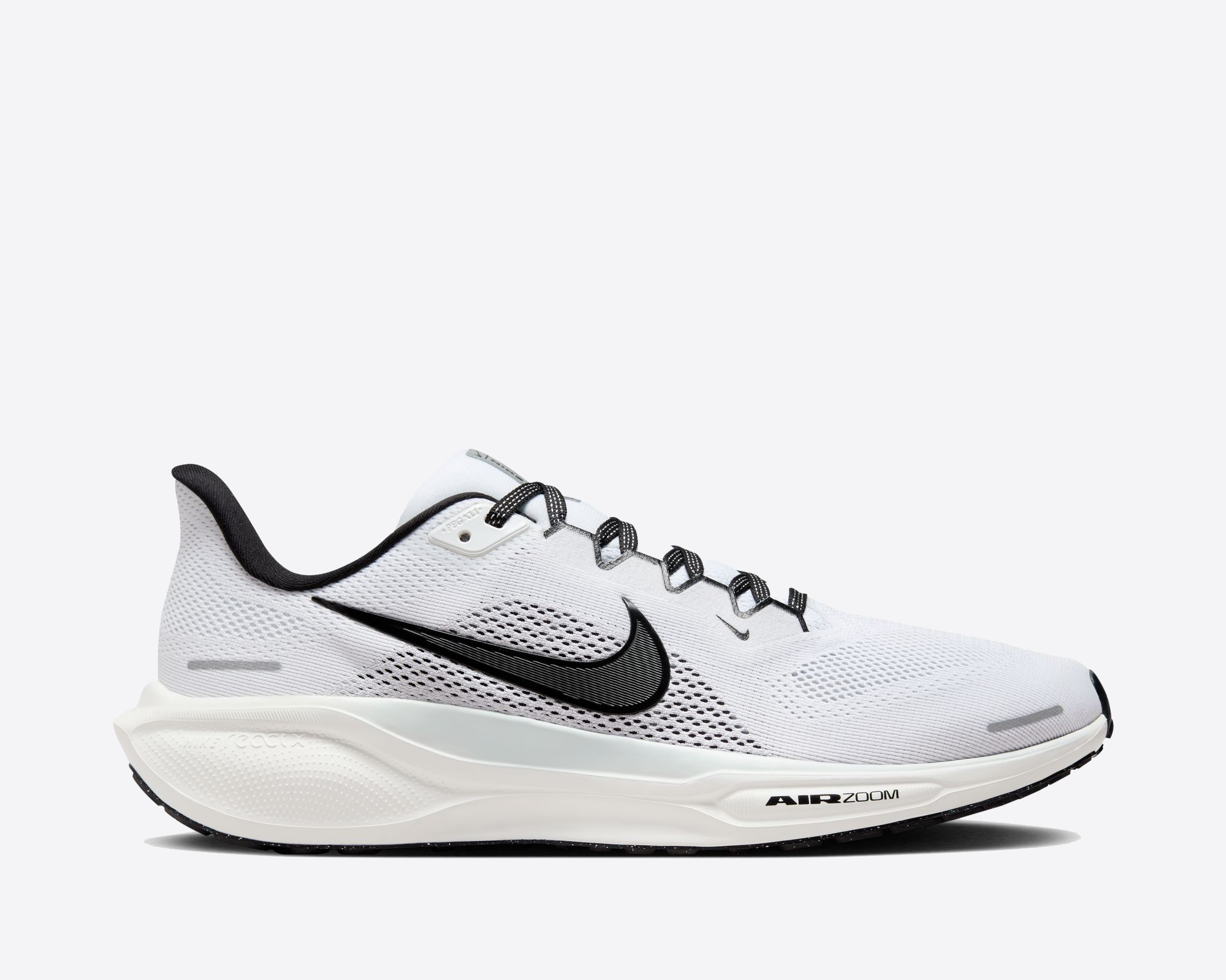 White running shoe with black swoosh logo on a white background