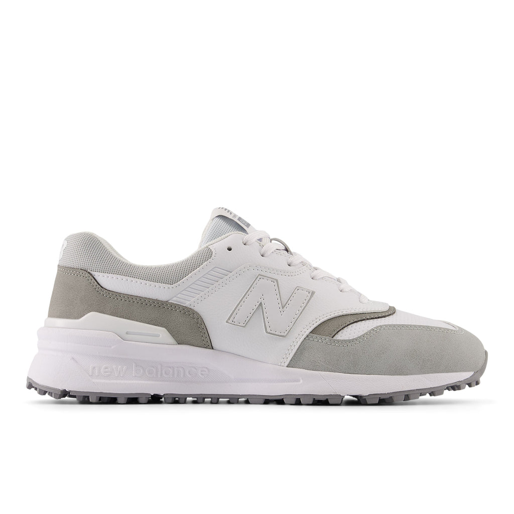 White and gray sneaker with New Balance logo on a white background