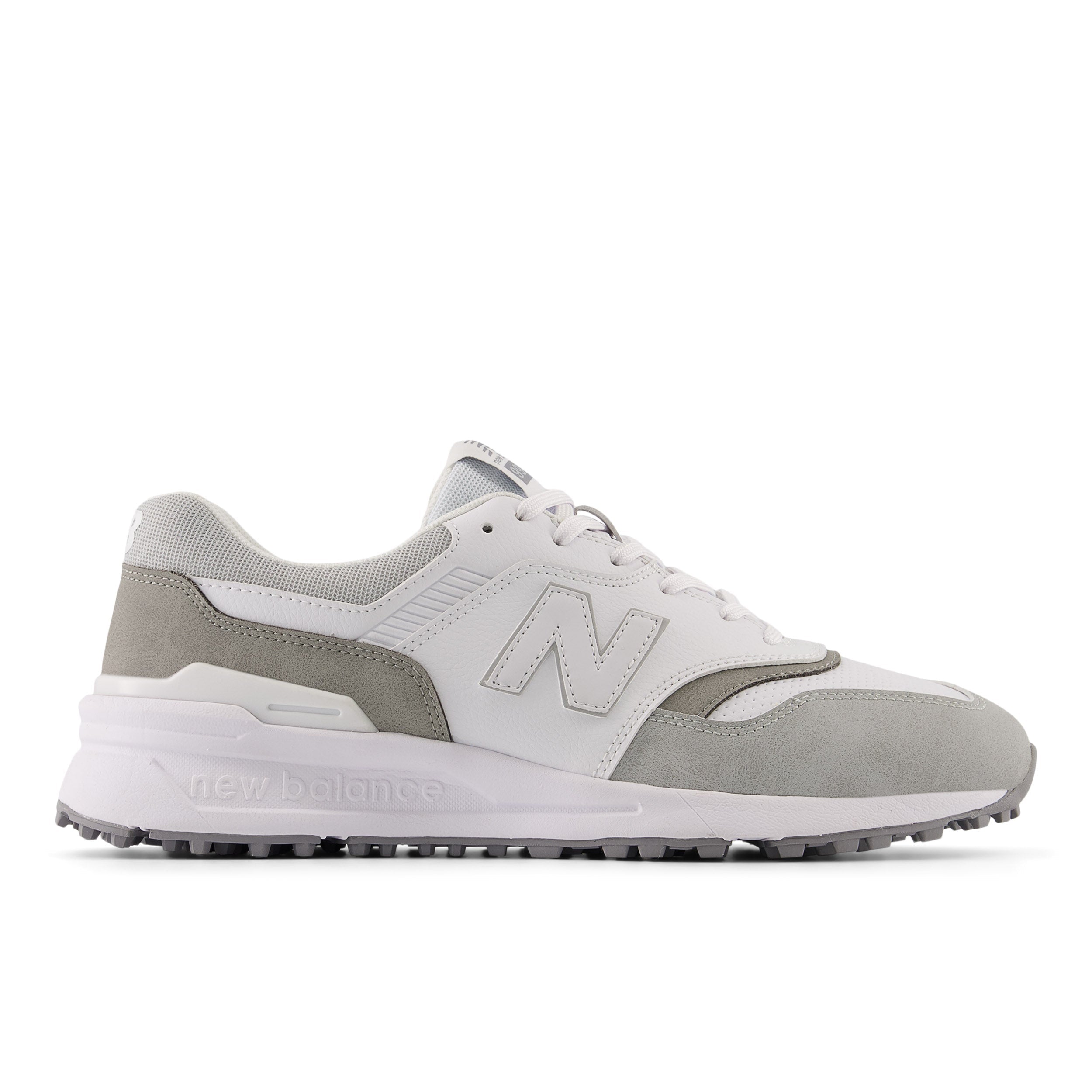 White and gray sneaker with New Balance logo on a white background