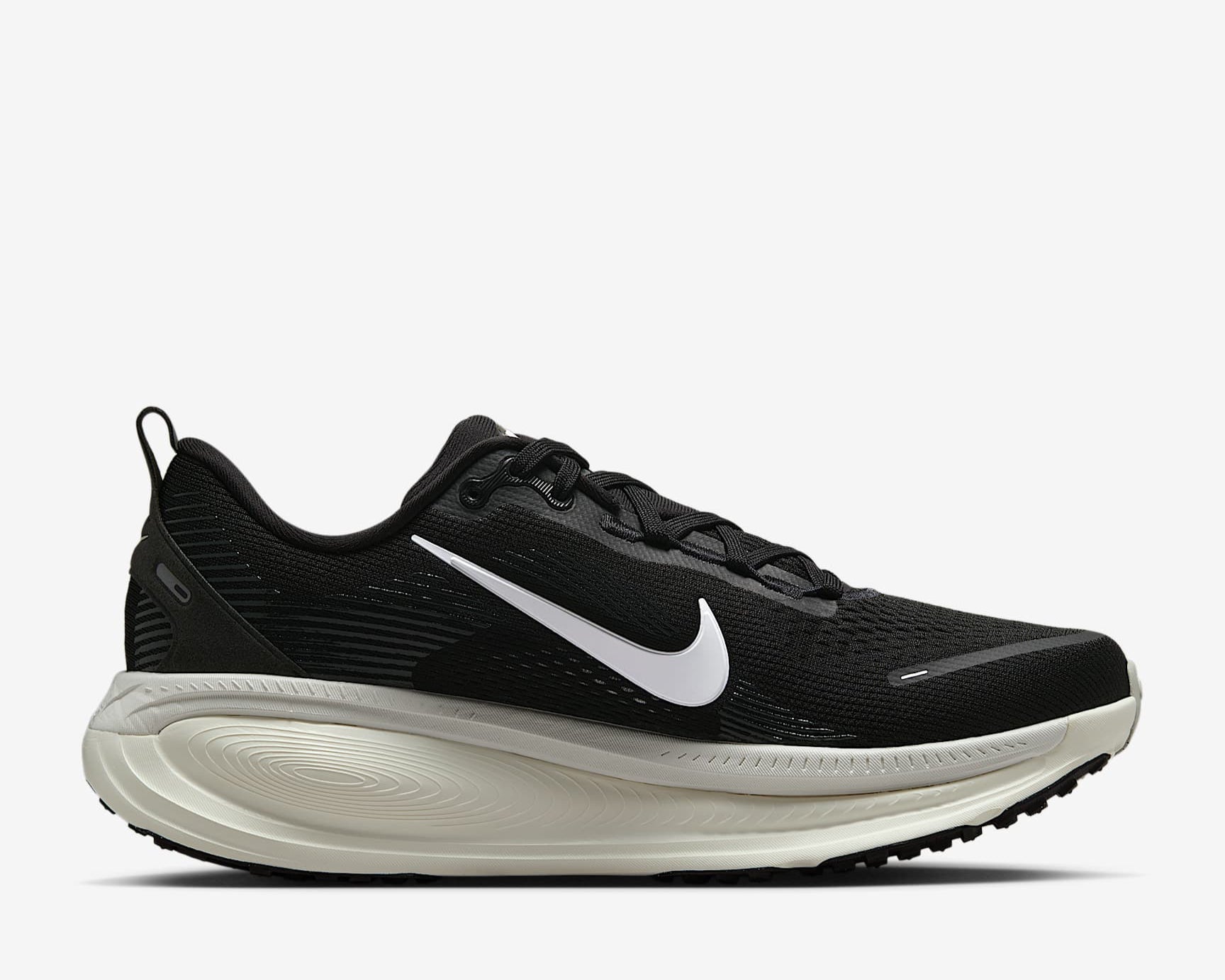 Black running shoe with white Nike logo on a white background