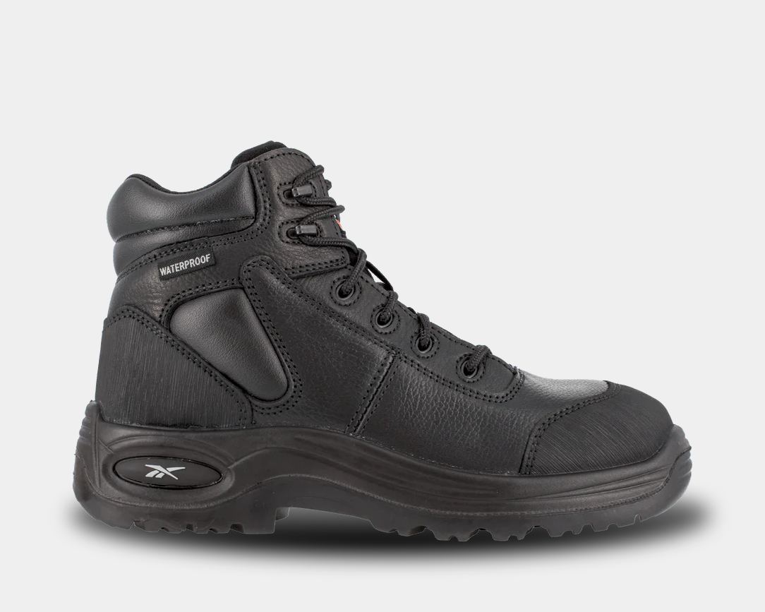 Black work boot with waterproof leather and a composite toe