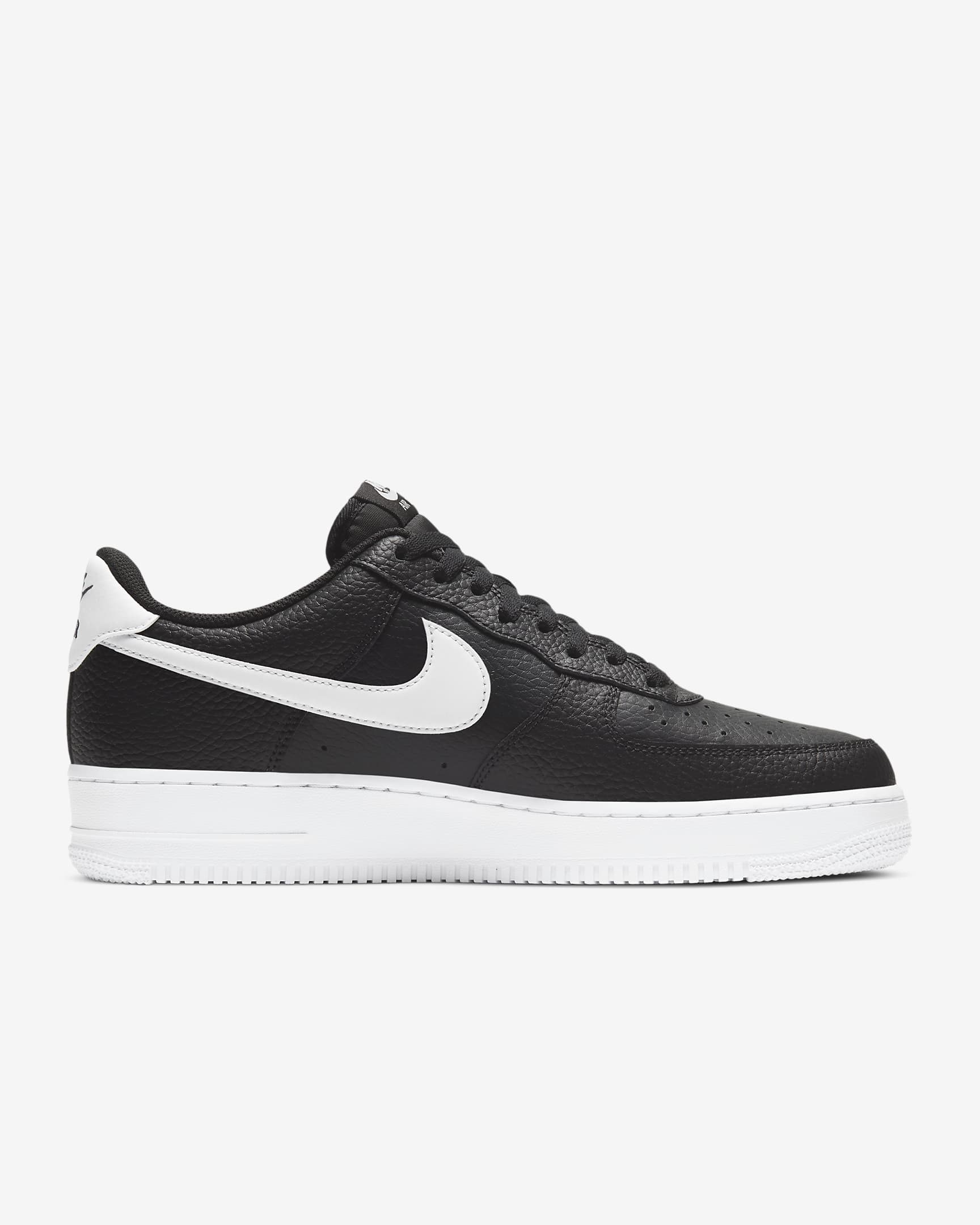 A pair of black Nike Air Force 1 '07 sneakers with a white swoosh and lace-up closure.
