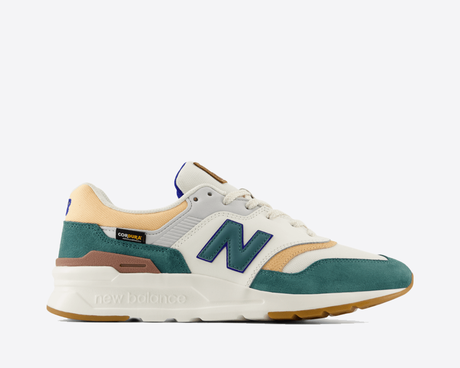 Multicolor sneaker with New Balance logo on a white background
