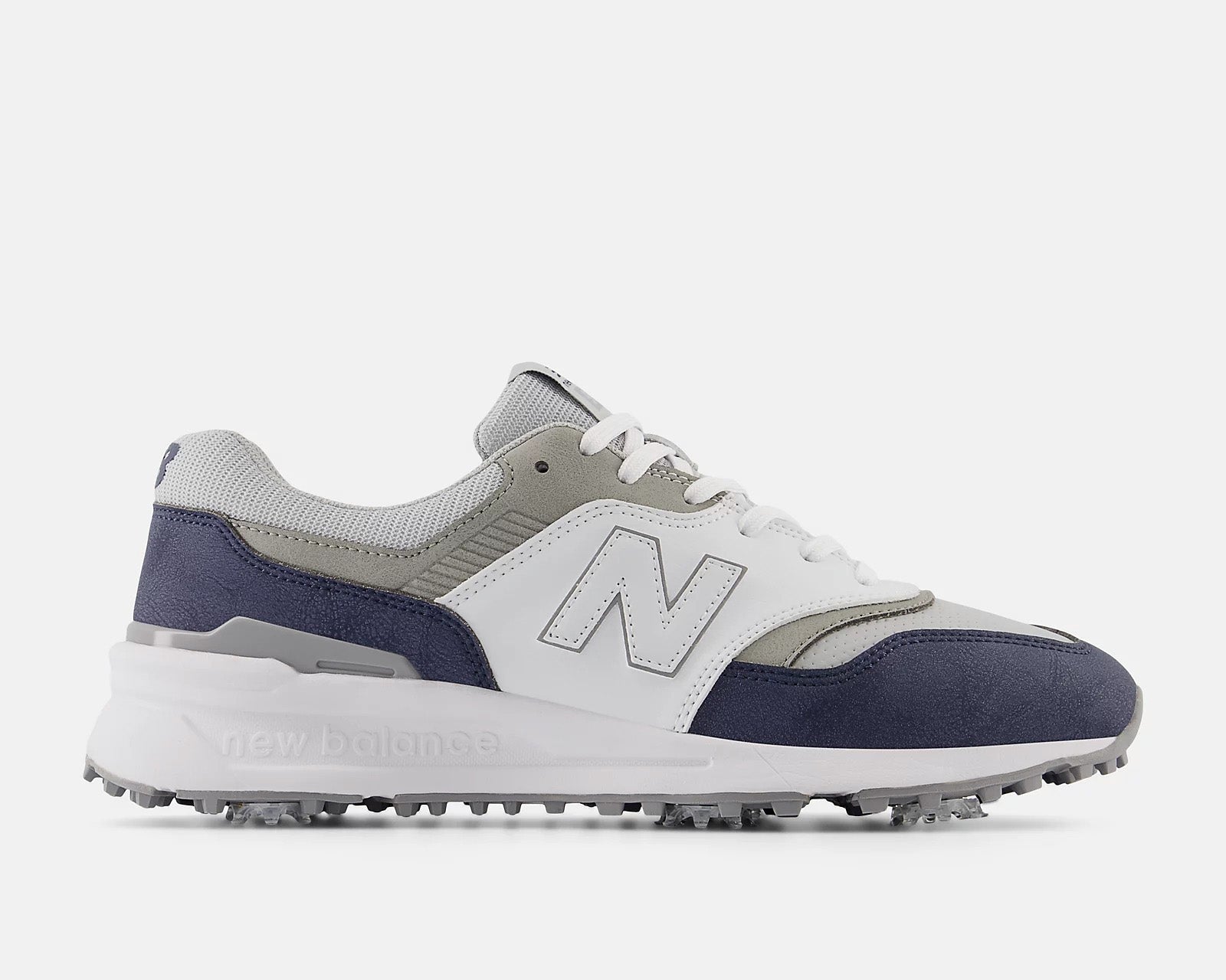 A pair of New Balance 997 golf shoes in gray and white and navy with a waterproof microfiber leather upper and FastTwist 3.0 removable Pulsar cleats.