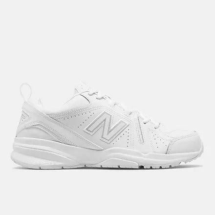 A white New Balance training shoe with a mesh and leather upper, rubber outsole, and New Balance logo on the side.
