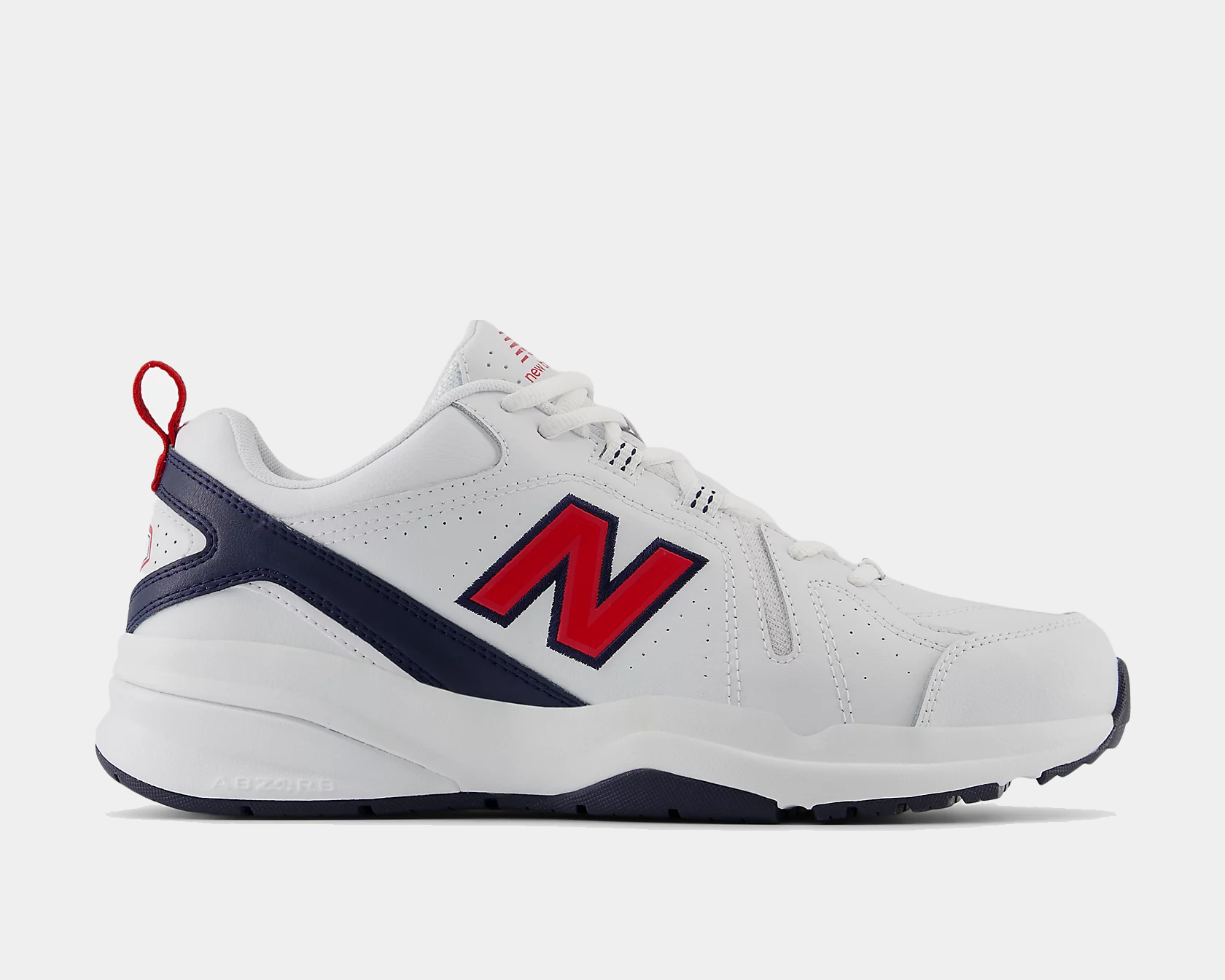 White sneaker with red 'N' and blue accents on a light gray background